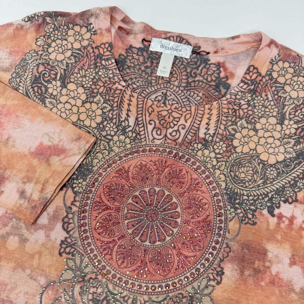Vintage Y2K Womens Embellished 3/4 Sleeve XL Hippie‎ Dressbarn Artsy Boho Top - Picture 2 of 9
